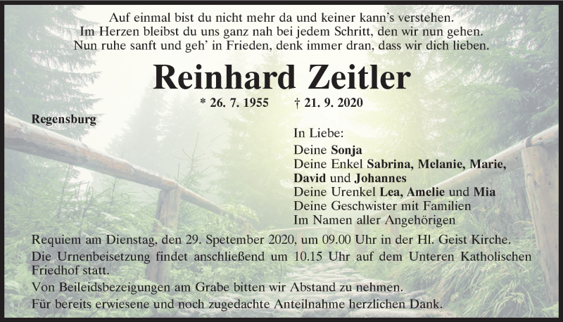  Traueranzeige für Reinhard Zeitler vom 26.09.2020 aus Mittelbayerische Zeitung Regensburg