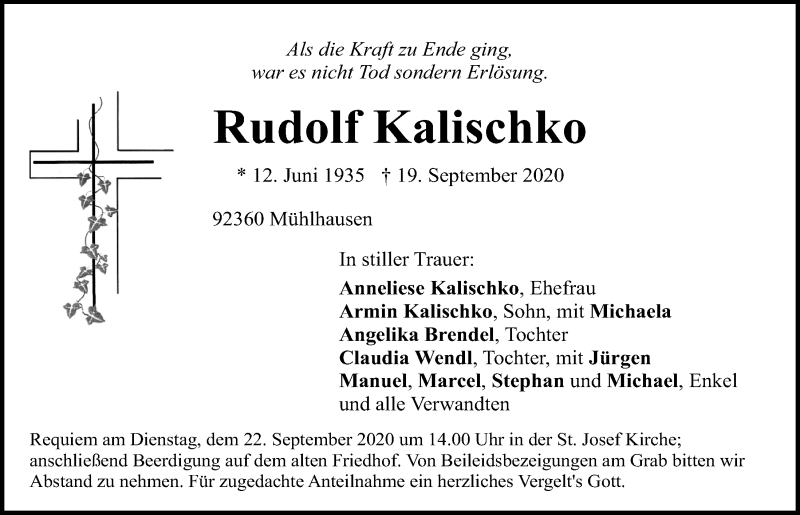  Traueranzeige für Rudolf Kalischko vom 21.09.2020 aus Neumarkter Tagblatt