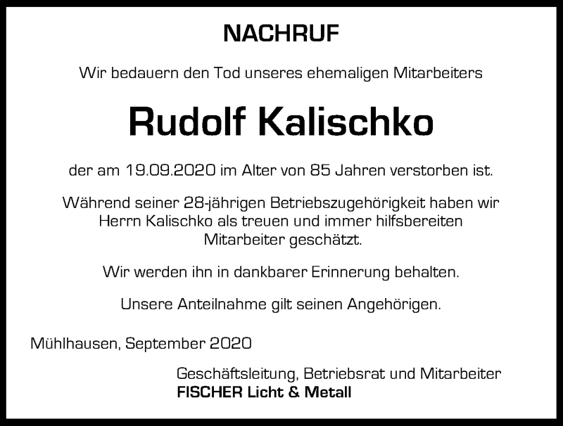  Traueranzeige für Rudolf Kalischko vom 23.09.2020 aus Neumarkter Tagblatt