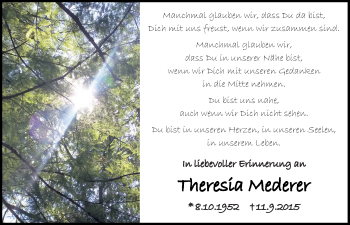 Traueranzeige von Theresia Mederer von Neumarkter Tagblatt