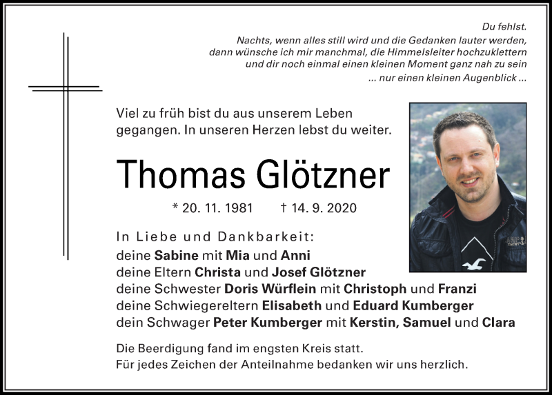  Traueranzeige für Thomas Glötzner vom 26.09.2020 aus Mittelbayerische Zeitung Regensburg