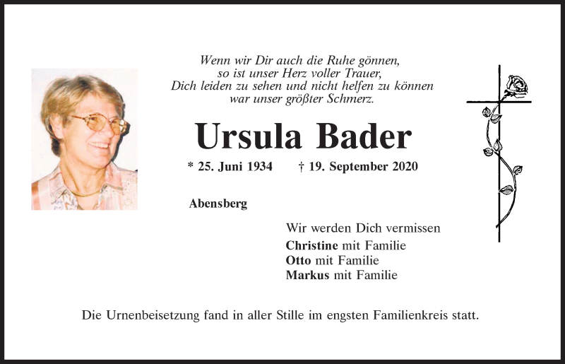  Traueranzeige für Ursula Bader vom 01.10.2020 aus Mittelbayerische Zeitung Kelheim