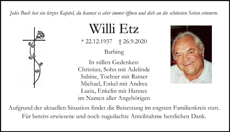 Traueranzeige für Willi Etz vom 30.09.2020 aus Mittelbayerische Zeitung Regensburg