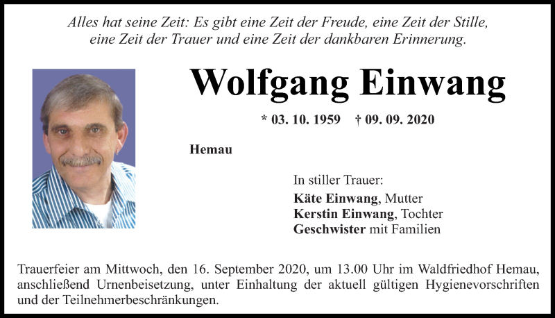  Traueranzeige für Wolfgang Einwang vom 14.09.2020 aus Mittelbayerische Zeitung Regensburg