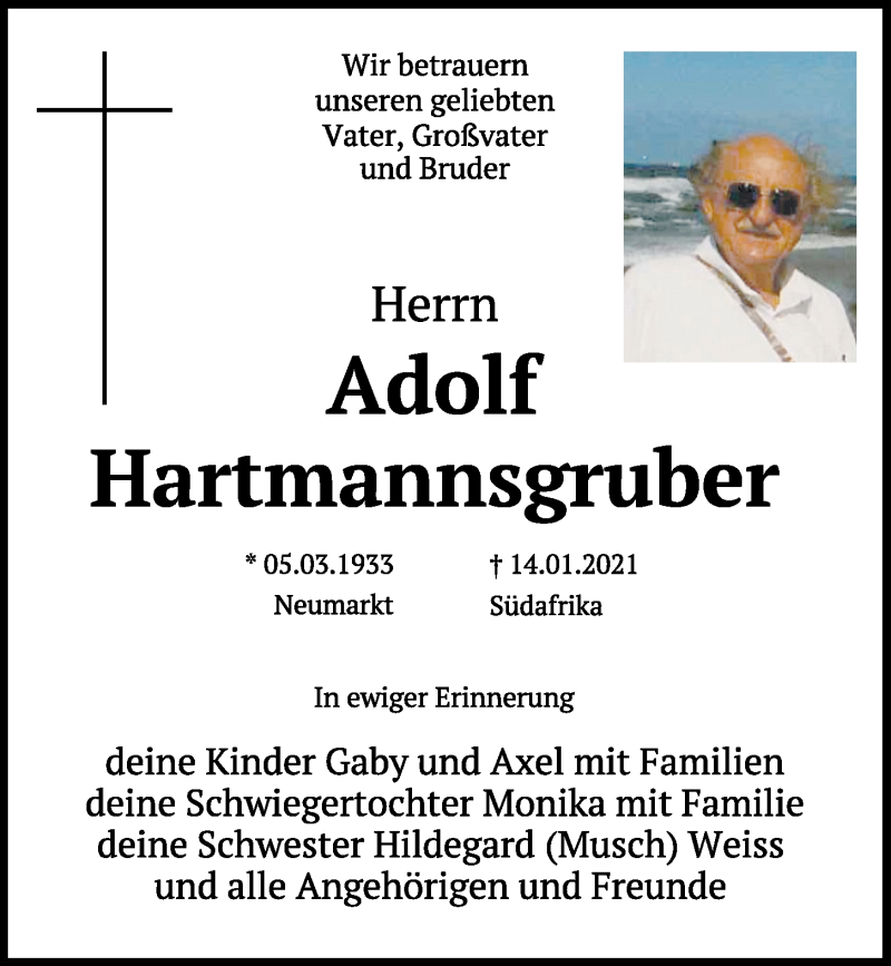  Traueranzeige für Adolf Hartmannsgruber vom 19.01.2021 aus Neumarkter Tagblatt