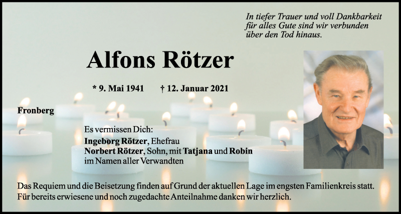  Traueranzeige für Alfons Rötzer vom 13.01.2021 aus Mittelbayerische Zeitung Schwandorf