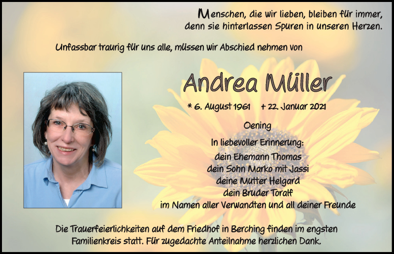  Traueranzeige für Andrea Müller vom 23.01.2021 aus Neumarkter Tagblatt