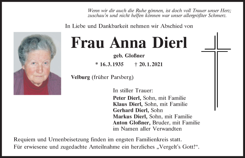  Traueranzeige für Anna Dierl vom 22.01.2021 aus Neumarkter Tagblatt