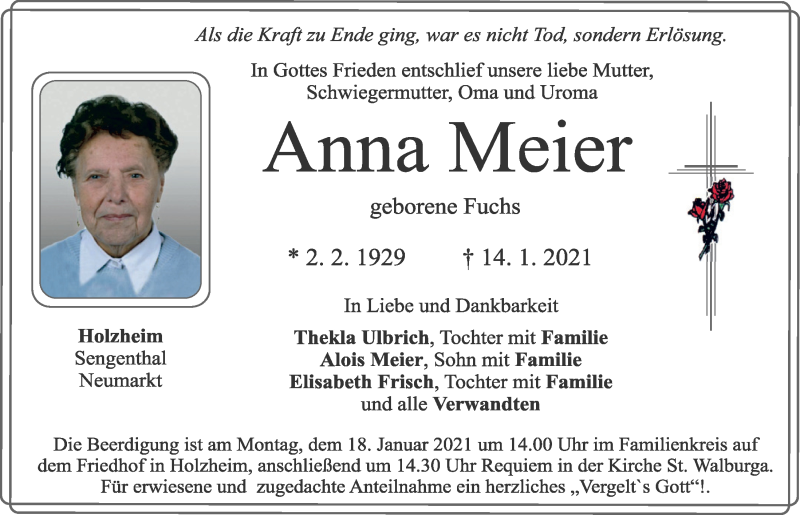  Traueranzeige für Anna Meier vom 16.01.2021 aus Neumarkter Tagblatt