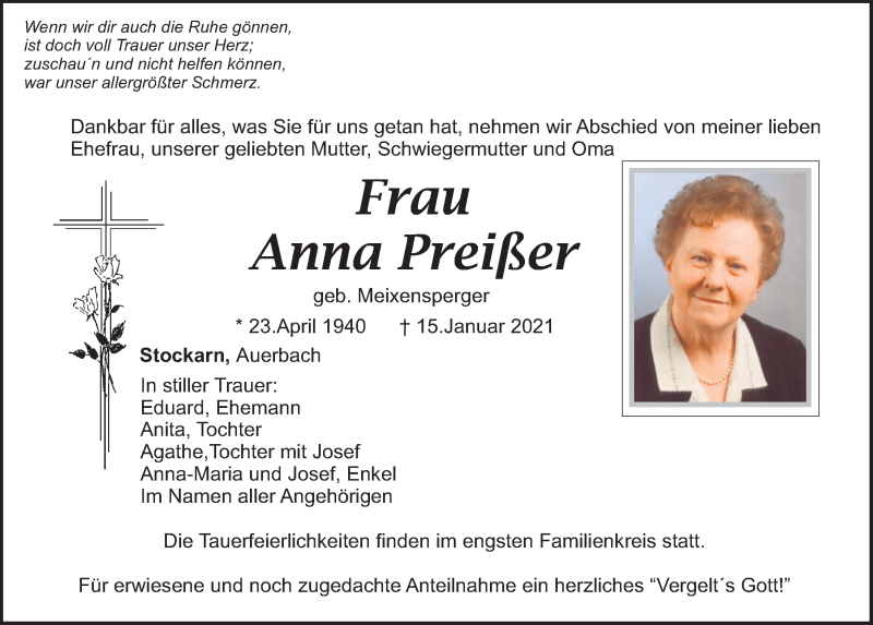  Traueranzeige für Anna Preißer vom 18.01.2021 aus Bayerwald Echo