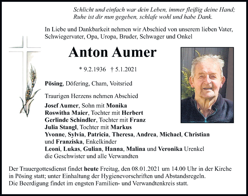 Traueranzeigen von Anton Aumer | Mittelbayerische Trauer
