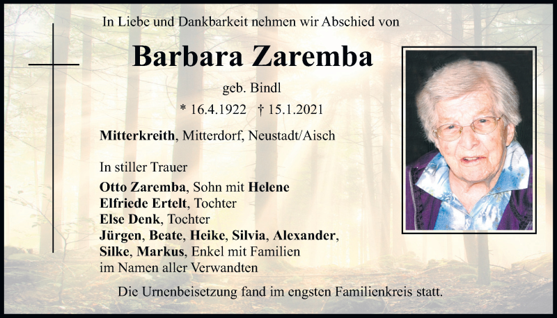  Traueranzeige für Barbara Zaremba vom 25.01.2021 aus Bayerwald Echo
