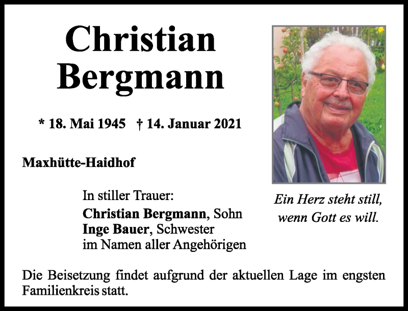  Traueranzeige für Christian Bergmann vom 20.01.2021 aus Mittelbayerische Zeitung Schwandorf