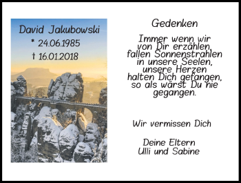Traueranzeige von David Jakubowski von Mittelbayerische Zeitung Kelheim
