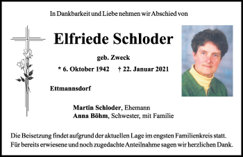 Traueranzeige von Elfriede Schloder von Mittelbayerische Zeitung Schwandorf