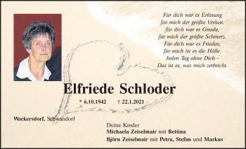 Traueranzeige von Elfriede Schloder von Mittelbayerische Zeitung Schwandorf