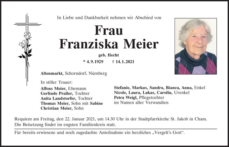  Traueranzeige für Franziska Meier vom 21.01.2021 aus Bayerwald Echo