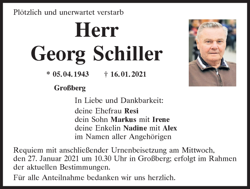  Traueranzeige für Georg Schiller vom 23.01.2021 aus Mittelbayerische Zeitung Regensburg