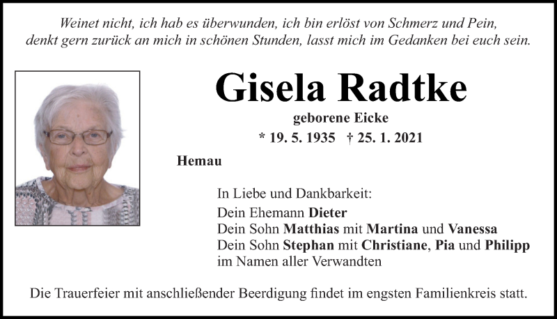  Traueranzeige für Gisela Radtke vom 26.01.2021 aus Mittelbayerische Zeitung Regensburg
