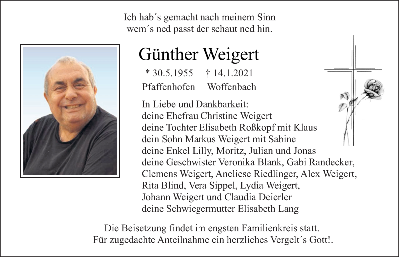  Traueranzeige für Günther Weigert vom 16.01.2021 aus Neumarkter Tagblatt