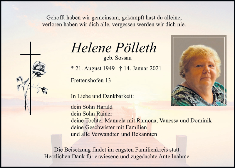  Traueranzeige für Helene Pölleth vom 20.01.2021 aus Neumarkter Tagblatt