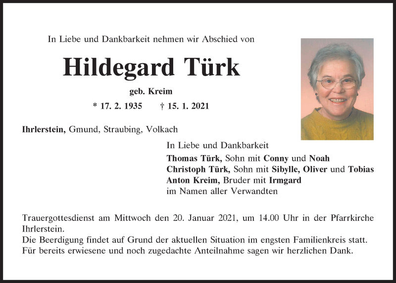  Traueranzeige für Hildegard Türk vom 18.01.2021 aus Mittelbayerische Zeitung Kelheim