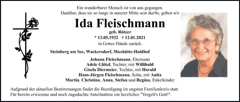 Traueranzeige für Ida Fleischmann vom 13.01.2021 aus Mittelbayerische Zeitung Schwandorf