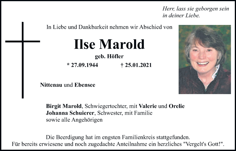  Traueranzeige für Ilse Marold vom 28.01.2021 aus Mittelbayerische Zeitung Regensburg