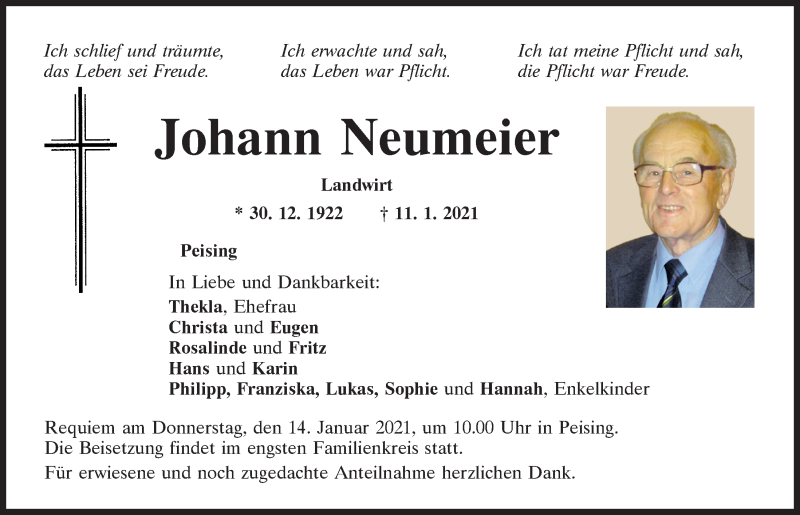  Traueranzeige für Johann Neumeier vom 13.01.2021 aus Mittelbayerische Zeitung Regensburg