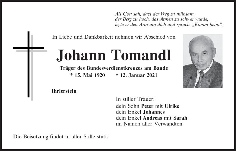  Traueranzeige für Johann Tomandl vom 14.01.2021 aus Mittelbayerische Zeitung Kelheim