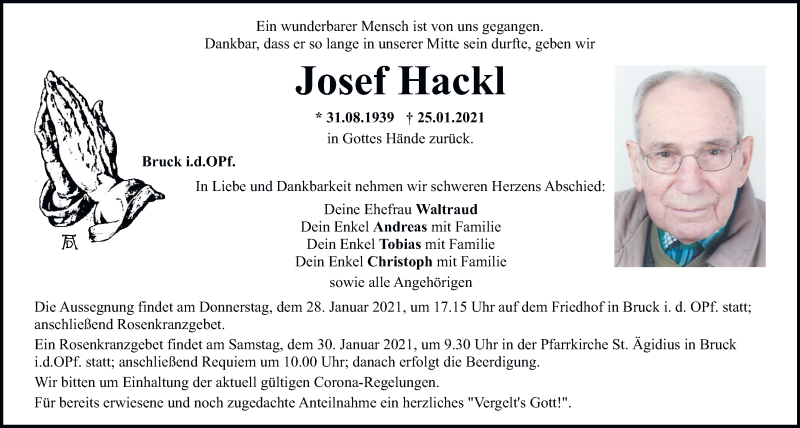  Traueranzeige für Josef Hackl vom 28.01.2021 aus Mittelbayerische Zeitung Schwandorf