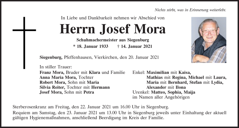 Traueranzeige für Josef Mora vom 20.01.2021 aus Mittelbayerische Zeitung Kelheim
