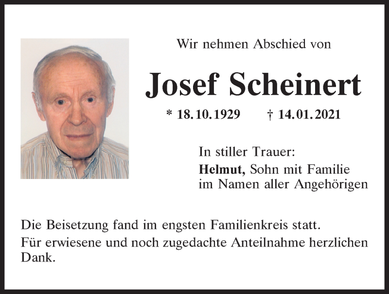 Traueranzeige für Josef Scheinert vom 30.01.2021 aus Mittelbayerische Zeitung Regensburg