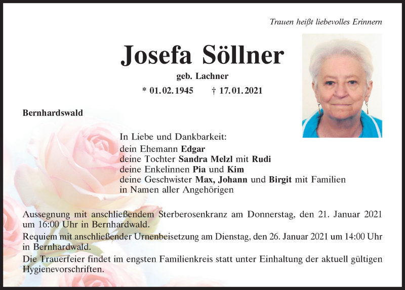  Traueranzeige für Josefa Söllner vom 19.01.2021 aus Mittelbayerische Zeitung Regensburg