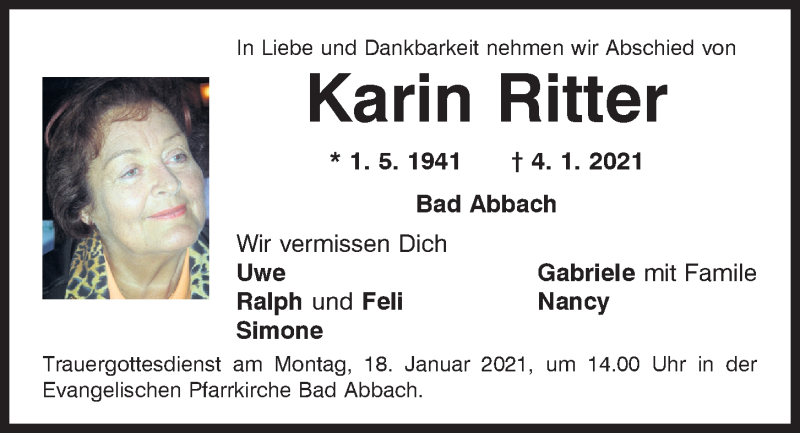  Traueranzeige für Karin Ritter vom 09.01.2021 aus Mittelbayerische Zeitung Regensburg