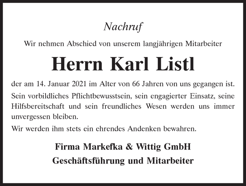  Traueranzeige für Karl Listl vom 30.01.2021 aus Mittelbayerische Zeitung Kelheim