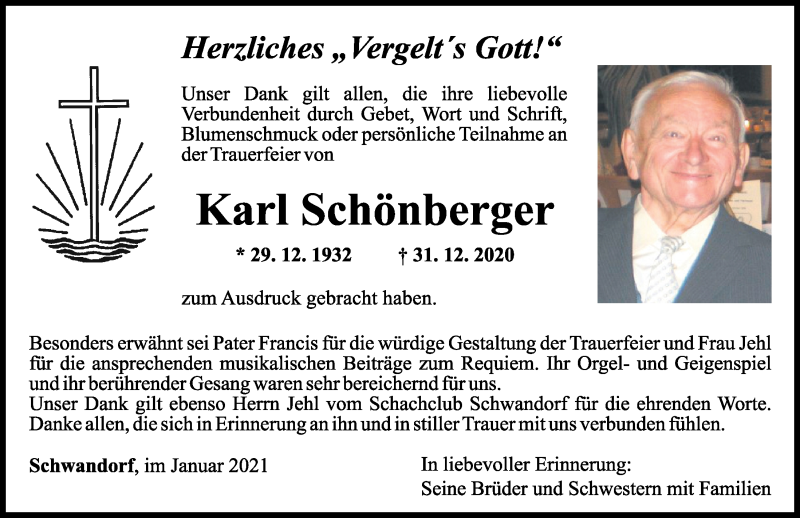 Traueranzeige für Karl Schönberger vom 16.01.2021 aus Mittelbayerische Zeitung Schwandorf