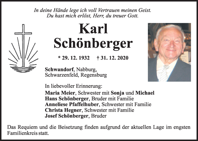  Traueranzeige für Karl Schönberger vom 04.01.2021 aus Mittelbayerische Zeitung Schwandorf