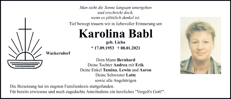  Traueranzeige für Karolina Babl vom 16.01.2021 aus Mittelbayerische Zeitung Schwandorf