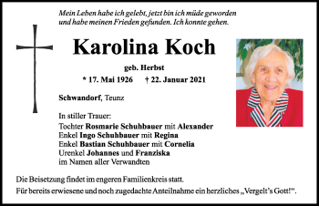 Traueranzeige von Karolina Koch von Mittelbayerische Zeitung Schwandorf