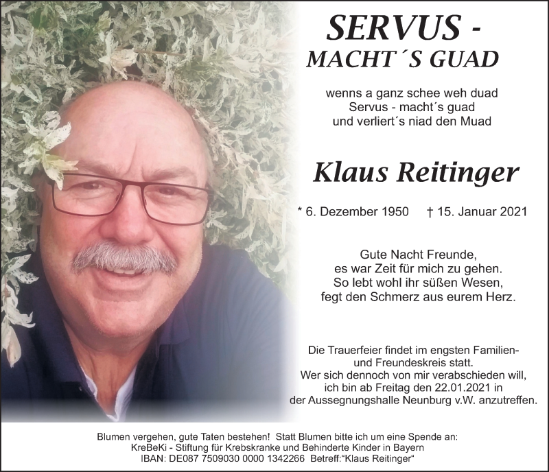  Traueranzeige für Klaus Reitinger vom 18.01.2021 aus Mittelbayerische Zeitung Schwandorf