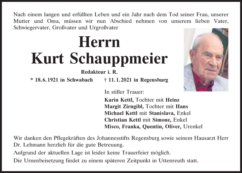  Traueranzeige für Kurt Schauppmeier vom 13.01.2021 aus Mittelbayerische Zeitung Regensburg