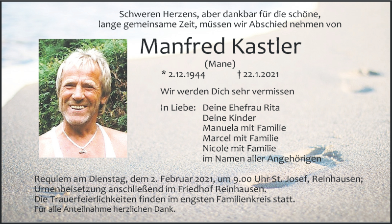  Traueranzeige für Manfred Kastler vom 30.01.2021 aus Mittelbayerische Zeitung Regensburg