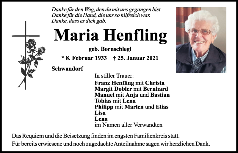  Traueranzeige für Maria Henfling vom 28.01.2021 aus Mittelbayerische Zeitung Schwandorf