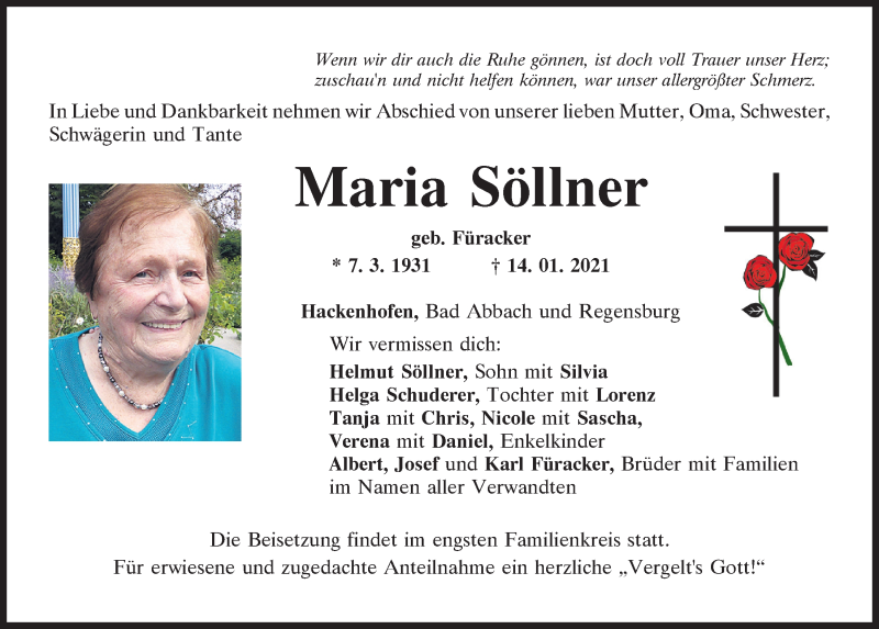  Traueranzeige für Maria Söllner vom 16.01.2021 aus Neumarkter Tagblatt