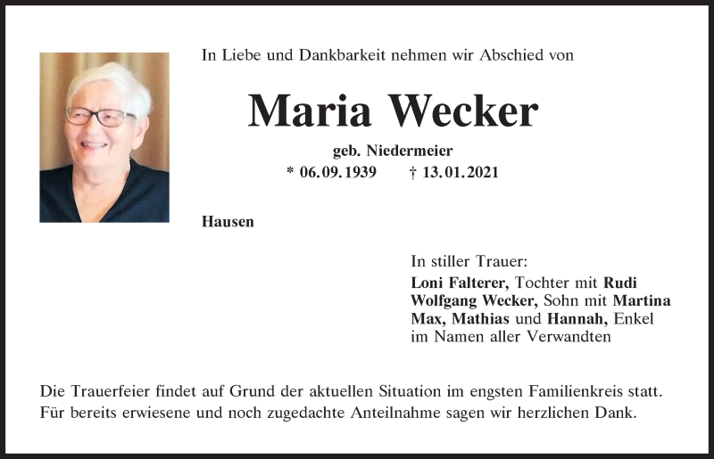 Traueranzeige für Maria Wecker vom 16.01.2021 aus Mittelbayerische Zeitung Kelheim