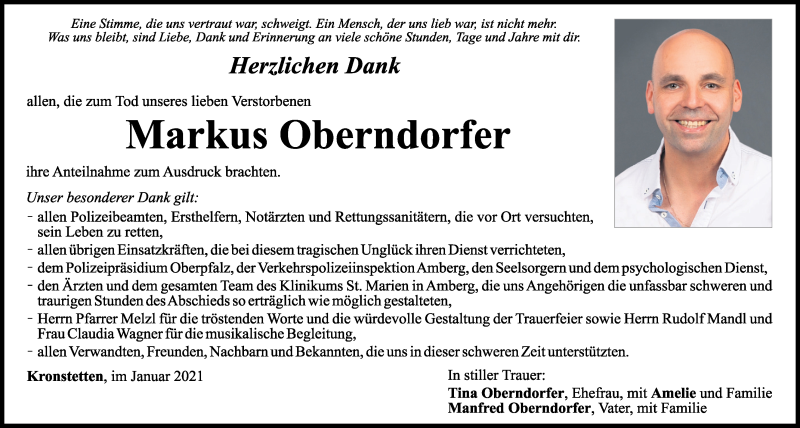  Traueranzeige für Markus Oberndorfer vom 23.01.2021 aus Mittelbayerische Zeitung Schwandorf