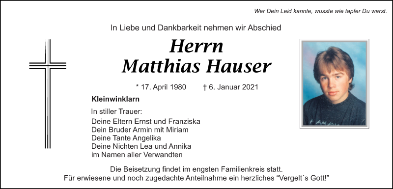  Traueranzeige für Matthias Hauser vom 08.01.2021 aus Mittelbayerische Zeitung Schwandorf