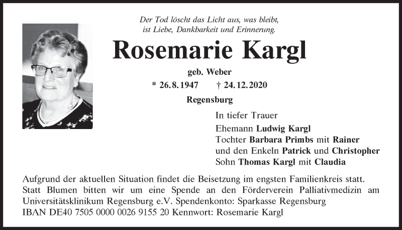  Traueranzeige für Rosemarie Kargl vom 02.01.2021 aus Mittelbayerische Zeitung Regensburg