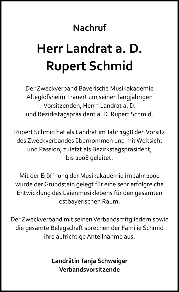  Traueranzeige für Rupert Schmid vom 09.01.2021 aus Mittelbayerische Zeitung Gesamtausgabe